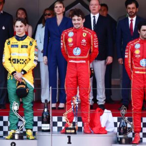 F1 2024 Monaco Grand Prix First Place Charles Leclerc of Monaco and Ferrari, Second Place Oscar Piastri of Australia and McLaren, Third Place Carlos Sainz of Spain and Ferrari, Frederic Vasseur Team Principal of Ferrari