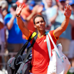 Rafael Nadal (ESP) reacts after playing against Novak Djokovic (SRB) in the men’s tennis singles first round during the Paris 2024 Olympic Summer Games