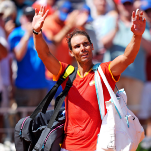 Rafael Nadal (ESP) reacts after playing against Novak Djokovic (SRB) in the men’s tennis singles first round during the Paris 2024 Olympic Summer Games