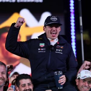 Red Bull s Max Verstappen celebrates claiming the 2024 Formula One World Championship, WM, Weltmeisterschaft after the race of the 2024 Formula One U.S. Grand Prix at Las Vegas Circuit