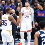 Phoenix Suns forward Kevin Durant (35) reacts after the game against the Dallas Mavericks at American Airlines Center.