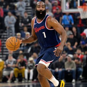 Los Angeles Clippers guard James Harden (1) handles the ball in the first half at Intuit Dome.