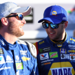 NASCAR Cup Series driver Dale Earnhardt Jr. (88) greet driver Chase Elliott (24) in victory lane after the two won the Front Row for the Daytona 500 at Daytona International Speedway. Chase Elliott won the Daytona 500 pole for second straight year.