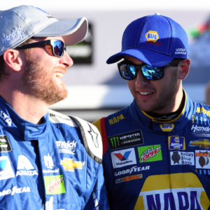 NASCAR Cup Series driver Dale Earnhardt Jr. (88) greet driver Chase Elliott (24) in victory lane after the two won the Front Row for the Daytona 500 at Daytona International Speedway. Chase Elliott won the Daytona 500 pole for second straight year.
