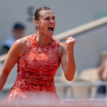 Aryna Sabalenka reacts to a point during her match against Emma Navarro