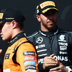 F1 Hungarian Grand Prix 2024 Lando Norris of McLaren and Lewis Hamilton of Mercedes after the Formula 1 Hungarian Grand Prix at Hungaroring in Budapest, Hungary on July 21, 2024