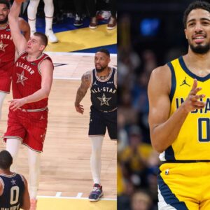 Nikola Jokic (L) and Tyrese Haliburton (R)