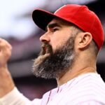 Former Philadelphia Eagle Jason Kelce reacts before the game between the Philadelphia Phillies and Atlanta Braves at Citizens Bank Park.