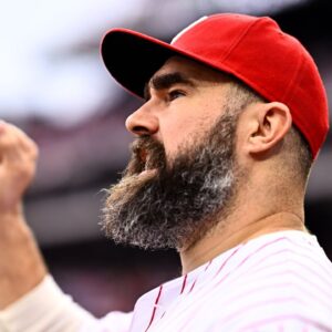 Former Philadelphia Eagle Jason Kelce reacts before the game between the Philadelphia Phillies and Atlanta Braves at Citizens Bank Park.
