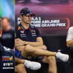 Christian Horner (L), Max Verstappen and Yuki Tsunoda (R)