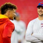 Oct 10, 2021; Kansas City, Missouri, USA; Buffalo Bills quarterback Josh Allen (17) talks with Kansas City Chiefs quarterback Patrick Mahomes (15) before the game at GEHA Field at Arrowhead Stadium.