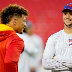 Oct 10, 2021; Kansas City, Missouri, USA; Buffalo Bills quarterback Josh Allen (17) talks with Kansas City Chiefs quarterback Patrick Mahomes (15) before the game at GEHA Field at Arrowhead Stadium.