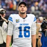Detroit Lions quarterback Jared Goff (16) walks off the field after the game against the Minnesota Vikings at U.S. Bank Stadium.