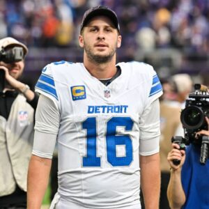 Detroit Lions quarterback Jared Goff (16) walks off the field after the game against the Minnesota Vikings at U.S. Bank Stadium.