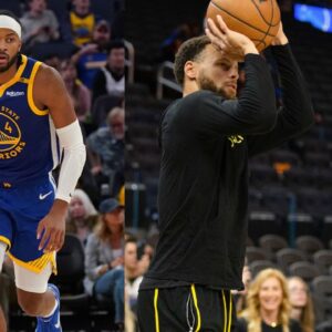 Moses Moody (L) Steph Curry and Klay Thompson (R)