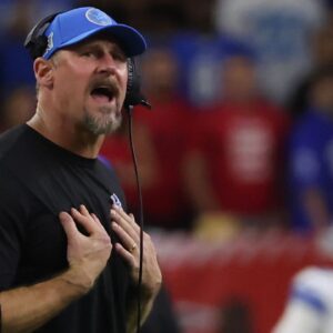 Houston, Texas, USA; Detroit Lions head coach Dan Campbell argues a call while playing against the Houston Texans in the second half at NRG Stadium.