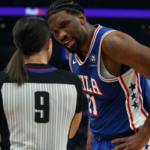 Joel Embiid argues with ref