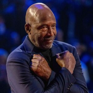 NBA great James Worthy is honored for being selected to the NBA 75th Anniversary Team during halftime in the 2022 NBA All-Star Game at Rocket Mortgage FieldHouse