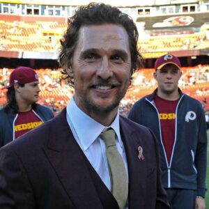Sep 12, 2016; Landover, MD, USA; Hollywood actor Matthew McConaughey on the field before the game between the Washington Redskins and the Pittsburgh Steelers at FedEx Field.