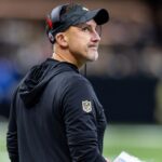 New Orleans Saints head coach Dennis Allen reacts to a play call against the Denver Broncos during the first half at Caesars Superdome.