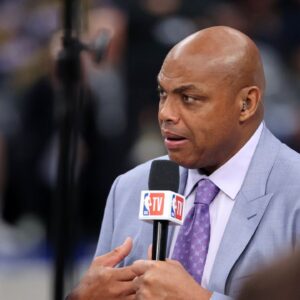 NBA TV analyst Charles Barkley talks on set before game three of the 2024 NBA Finals between the Boston Celtics and the Dallas Mavericks at American Airlines Center.