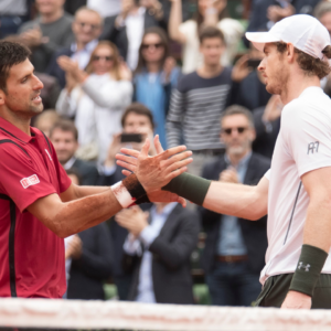 Novak Djokovic (SRB) (L) and Andy Murray (GBR) at the net after their match on day 15 of the 2016 French Open
