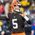 Cleveland Browns quarterback Jameis Winston (5) throws the ball during the second quarter against the Pittsburgh Steelers at Huntington Bank Field Stadium.