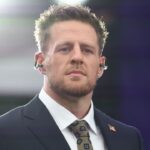 CBS analyst J.J. Watt on the field before Super Bowl LVIII between the Kansas City Chiefs and the San Francisco 49ers at Allegiant Stadium.