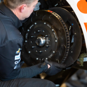 Detailed view of a brake rotor for the car of NASCAR Cup Series driver William Byron during practice for the NASCAR Championship race at Phoenix Raceway.