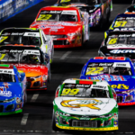 NASCAR Mexico Series drivers Daniel Suarez (99) and Alex de Alba (14) lead the field to the green flag during a NASCAR Mexico Series race at the Los Angeles Memorial Coliseum.