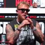 Jake Paul speaks to the media about his upcoming fight with Mike Tyson at The Pavilion at Toyota Music Factory.