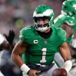 Philadelphia Eagles quarterback Jalen Hurts (1) in action against the Jacksonville Jaguars at Lincoln Financial Field.