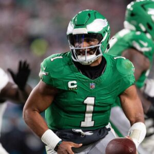 Philadelphia Eagles quarterback Jalen Hurts (1) in action against the Jacksonville Jaguars at Lincoln Financial Field.