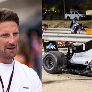 Romain Grosjean (L) and 2020 Bahrain GP Crash of his Haas car (R)