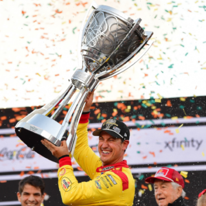 NASCAR Cup Series driver Joey Logano (22) celebrates his championship victory following the Cup Series championship race at Phoenix Raceway.