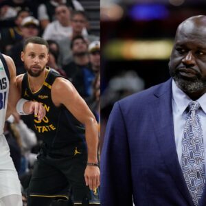 Klay Thompson, Steph Curry, and Shaquille O'Neal.