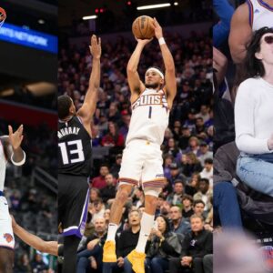 OG Anunoby (L), Devin Booker (C), Anne Hathaway (R).