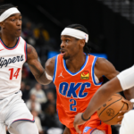 Oklahoma City Thunder guard Shai Gilgeous-Alexander (2) drives the ball against LA Clippers guard Terance Mann (14) during the second half at Intuit Dome.