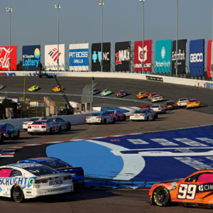 The field goes through turn 11 during the Bank of America ROVAL 400 at Charlotte Motor Speedway Road Course.