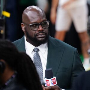Shaquille O'Neal looks on before the game between the Boston Celtics and the Dallas Mavericks in game one of the 2024 NBA Finals at TD Garden.