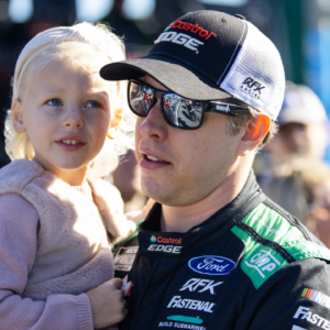 NASCAR Cup Series driver Brad Keselowski (6) with his daughter during the Daytona 500 at Daytona International Speedway.
