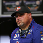Winning crew chief Rudy Fugle for NASCAR Cup Series driver William Byron (24) addresses the media after the AutoTrader EcoPark Automotive 400 at Texas Motor Speedway