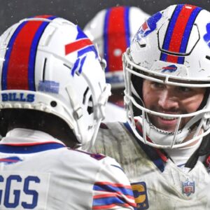 Buffalo Bills quarterback Josh Allen (17) and wide receiver Stefon Diggs (14) celebrate a touchdown against the Philadelphia Eagles against the Philadelphia Eagles at Lincoln Financial Field.