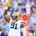 Green Bay Packers defensive end Preston Smith (91) celebrates his sack against the Tennessee Titans during the second half at Nissan Stadium.