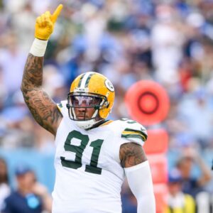 Green Bay Packers defensive end Preston Smith (91) celebrates his sack against the Tennessee Titans during the second half at Nissan Stadium.