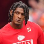 Kansas City Chiefs running back Isiah Pacheco (10) warms up against the Chicago Bears prior to a game at GEHA Field at Arrowhead Stadium.