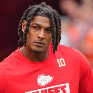 Kansas City Chiefs running back Isiah Pacheco (10) warms up against the Chicago Bears prior to a game at GEHA Field at Arrowhead Stadium.