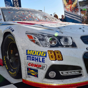 The 2014 Daytona 500 winning car of NASCAR Sprint Cup Series driver Dale Earnhardt Jr. with contingency sponsor labels such as Moog, Mahle etc.