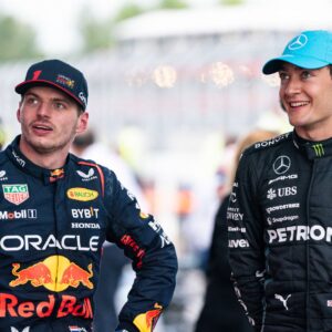 MAX VERSTAPPEN of the Netherlands and Red Bull Racing and GEORGE RUSSELL of Great Britain and Mercedes-AMG F1 Team are seen after the 2023 FIA Formula 1 Spanish Grand Prix