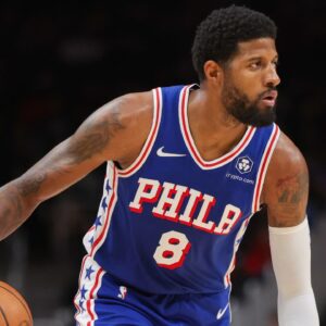 Oct 14, 2024; Atlanta, Georgia, USA; Philadelphia 76ers forward Paul George (8) dribbles against the Atlanta Hawks in the second quarter at State Farm Arena. Mandatory Credit: Brett Davis-Imagn Images